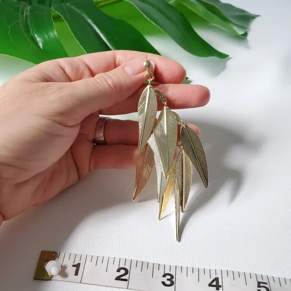 Clip On Leaf Feather Chandelier Earrings - Picture 6 of 6